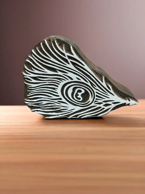 Peacock Feather, hand carved Indian wood printing block; textile stamp.