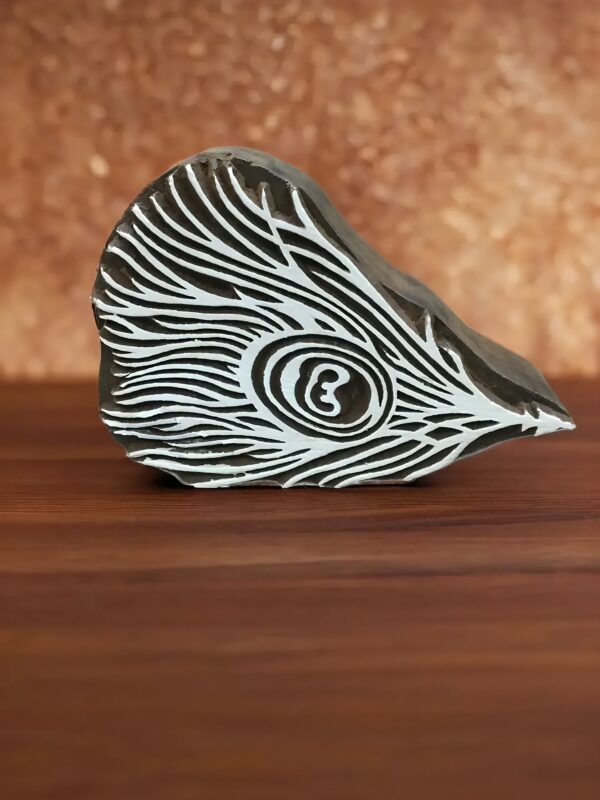 Peacock Feather, hand carved Indian wood printing block; textile stamp. - Image 3
